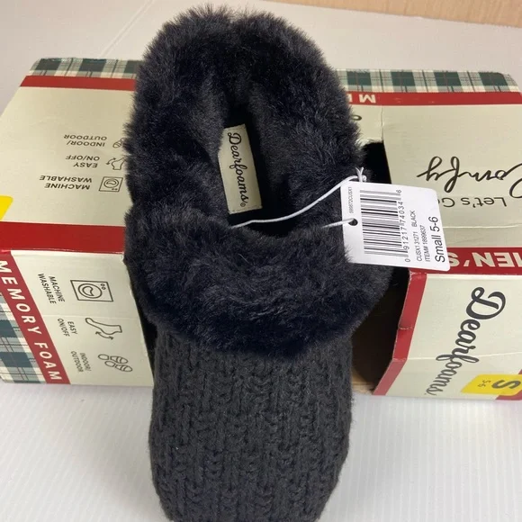 Dearfoams Memory Foam Slippers Black Faux Fur Knit Women’s 5-6 NIB - Picture 6 of 9